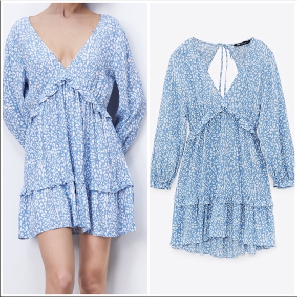 Zara Dresses & Skirts - Zara Animal Print Open Tie Back Blue White Ruffle Tier Dress Large